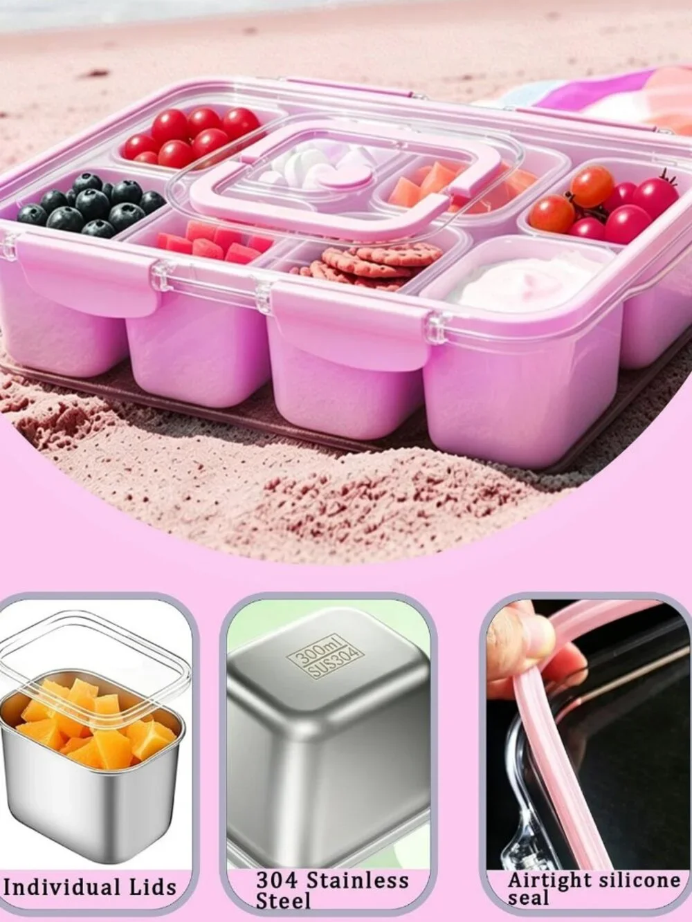 Large Stainless Steel Snack Tray with Lid & Handle, 8-Compartment Platter for